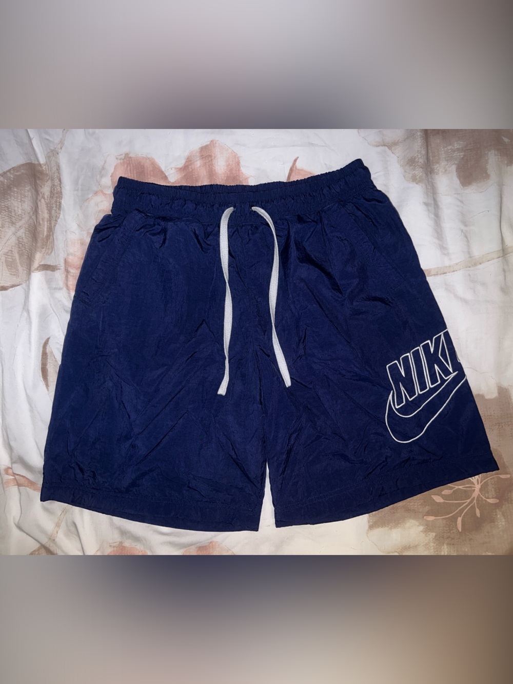 Nike Men's Dark Navy Athletic Lines Shorts with White Drawstring